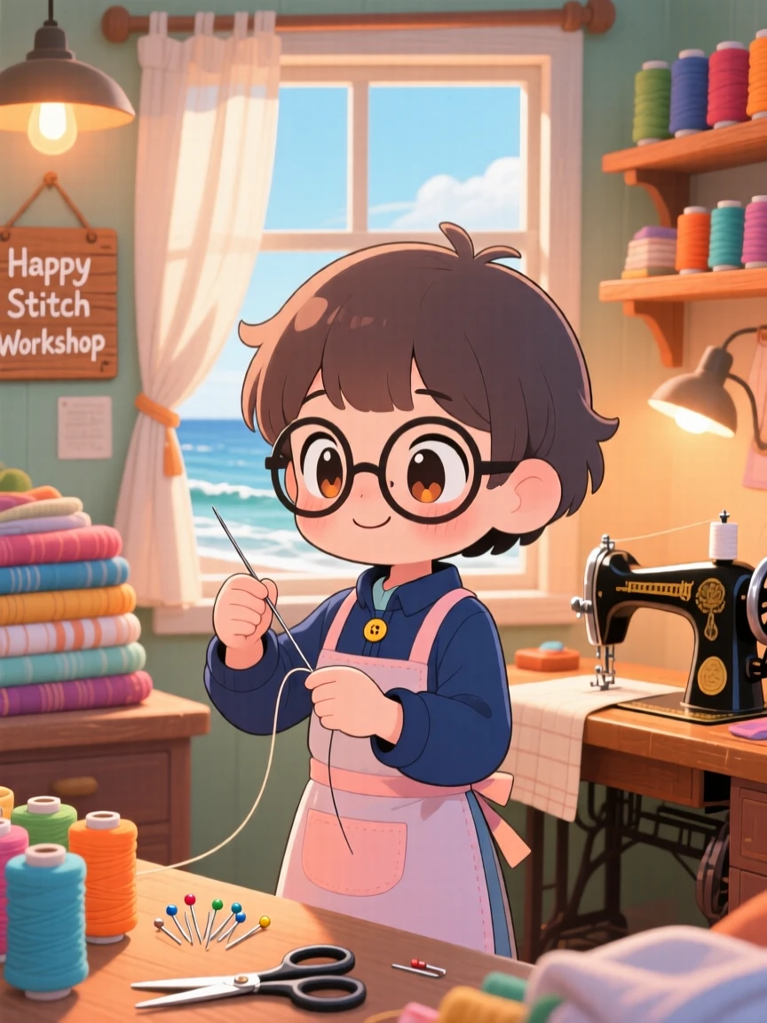 Waist-up portrait: a small tailor, sewing a button onto a tiny jacket, set against a cozy sewing workshop on a breezy coastal afternoon, with warm lamplight and a mood of warm affection.