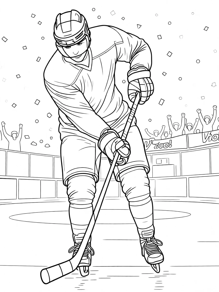 A hockey player taking a slap shot on the ice, with confetti raining down after the winning moment.