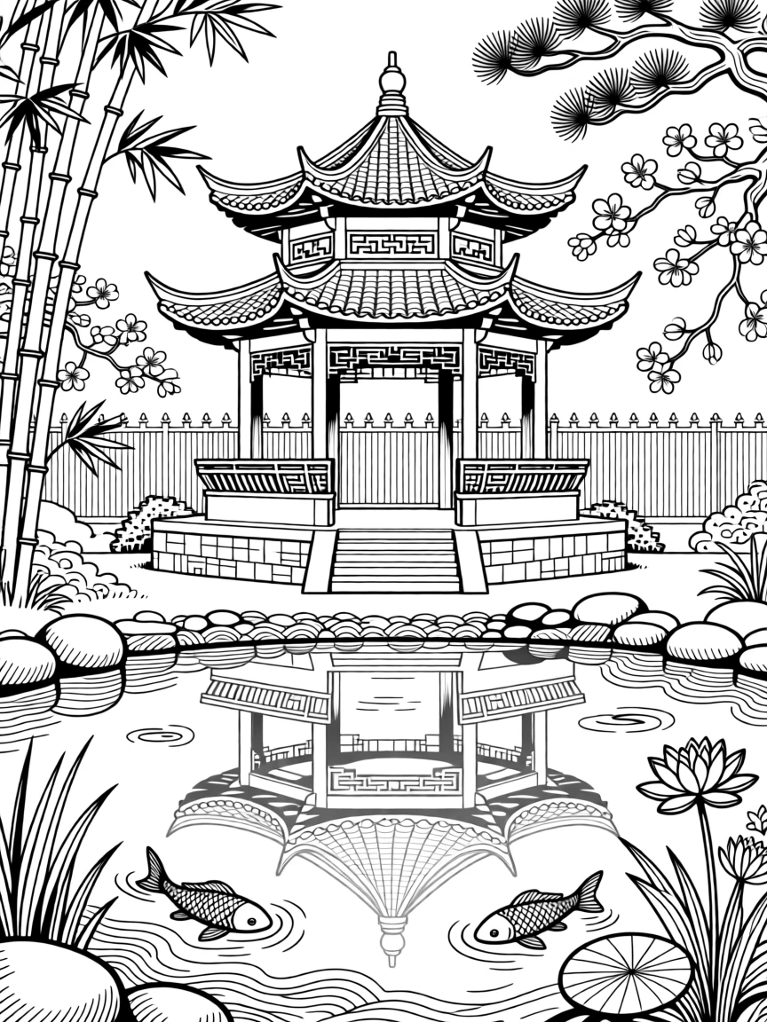 A golden pavilion reflected in its still garden pond.