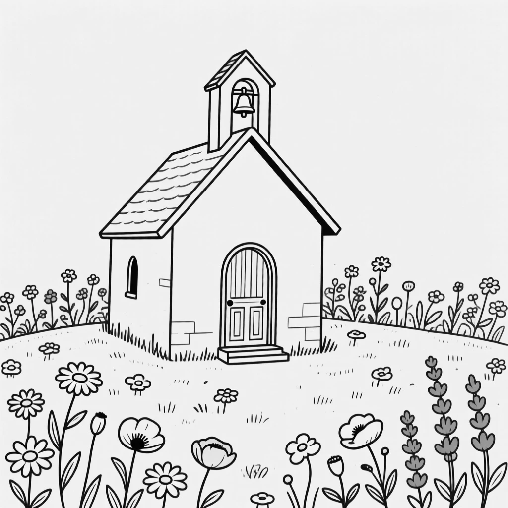 A quaint chapel surrounded by a garden of wildflowers