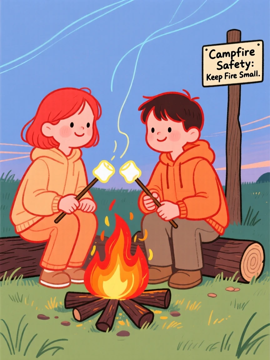 Siblings roasting marshmallows together around a campfire.