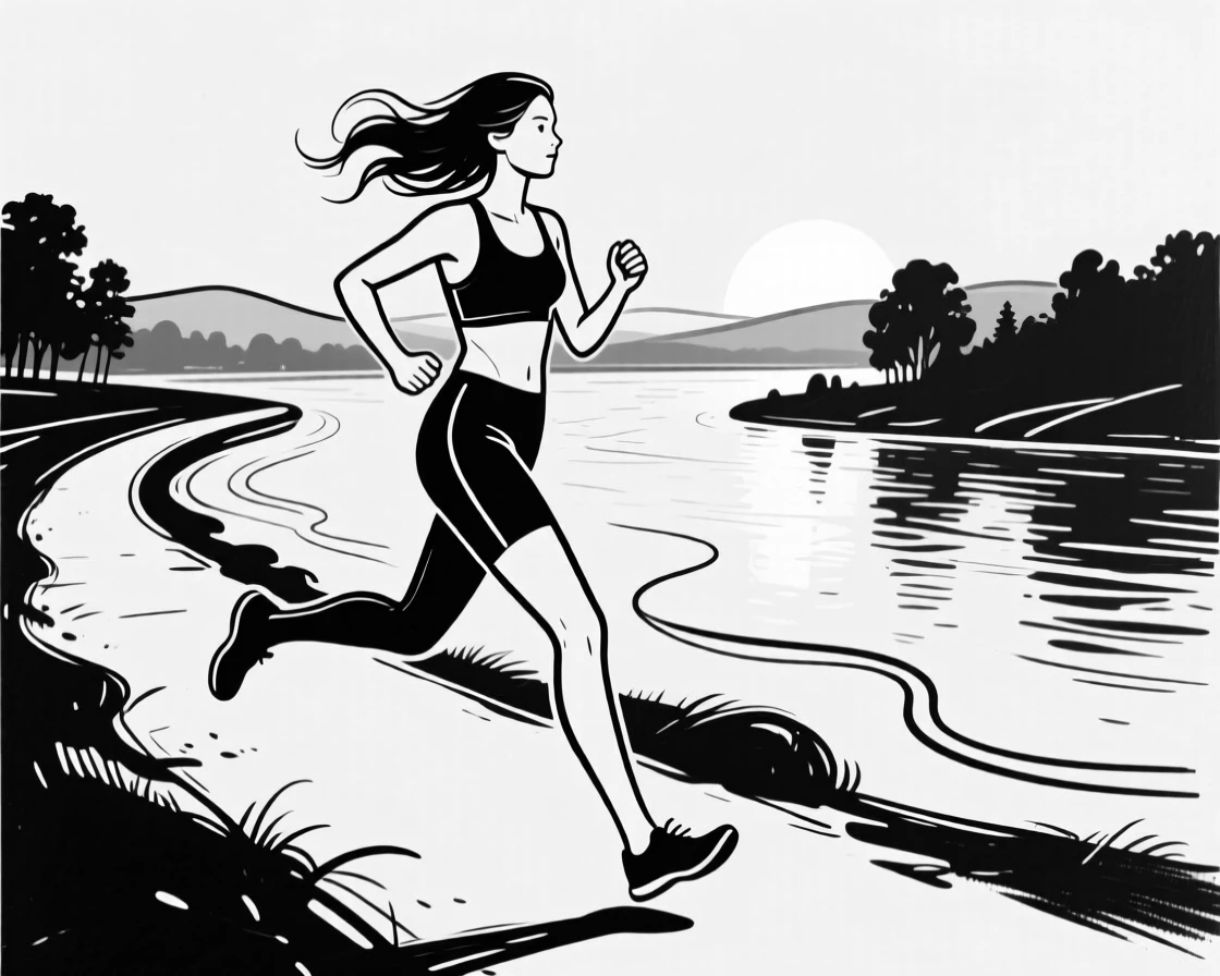 A woman jogging along a scenic riverside path at dawn.