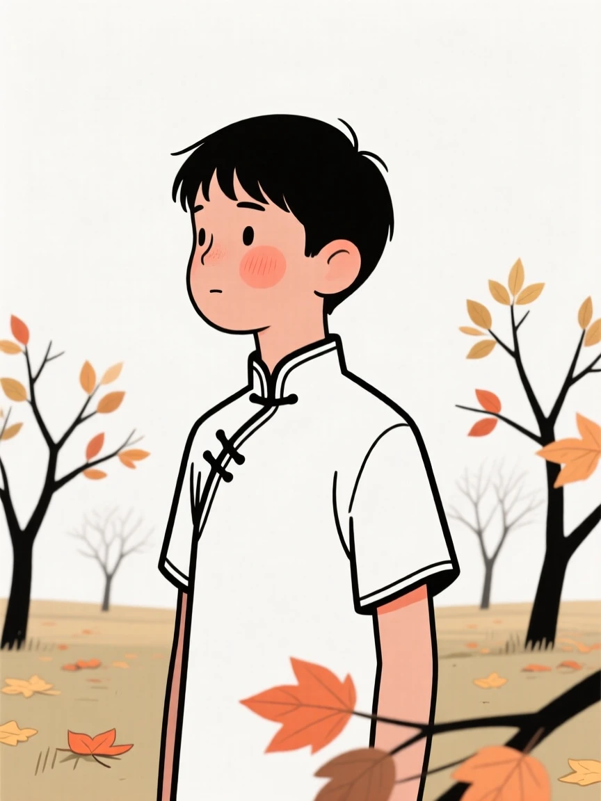A teenage boy of Mexican heritage wearing a Chinese qipao, gazing thoughtfully into the distance, in an autumn orchard.