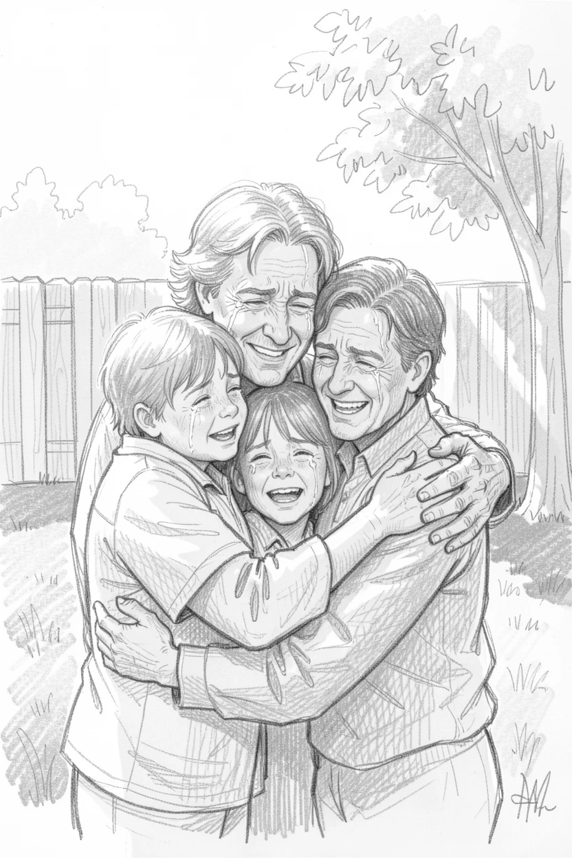 An emotional scene of a family reunion embrace after years apart in a sunlit backyard, marked by tears of happiness.
