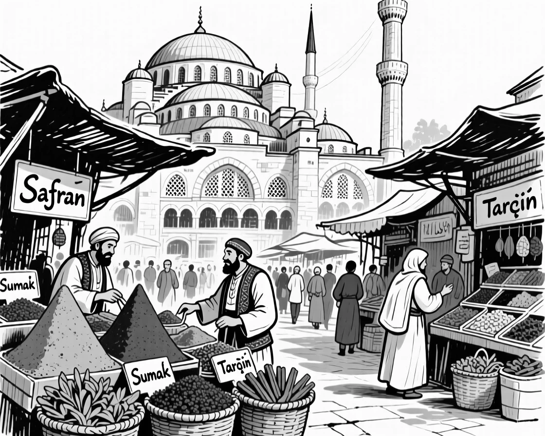 The bustling spice markets of Istanbul beneath the domes of a grand mosque.