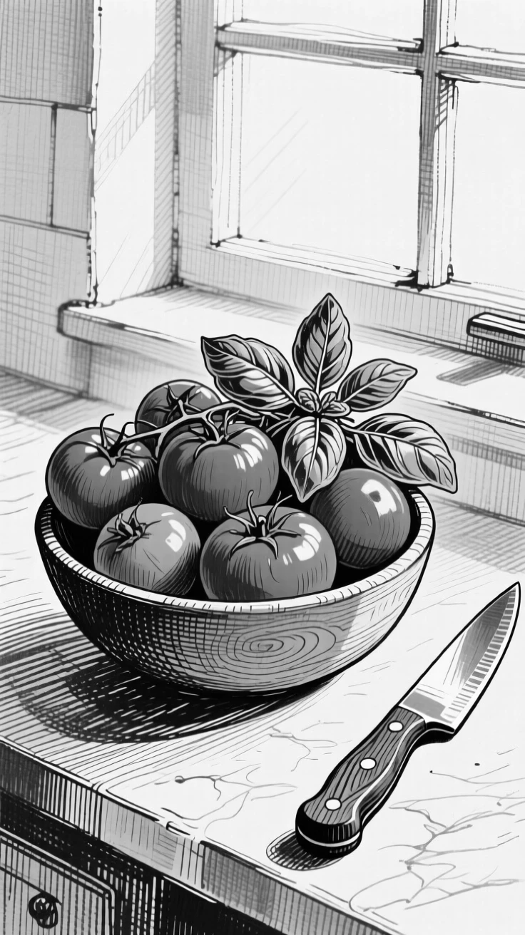 A bowl of ripe tomatoes and basil displayed under the soft light of a kitchen window, with a knife resting beside it, presented in a fresh and vibrant culinary still life.