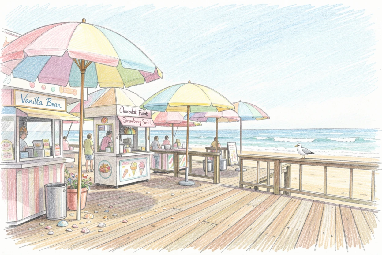 A coastal boardwalk lined with ice cream stands and beach umbrellas, with delicate details that reward a closer look, evoking warmth, beauty, and a lasting sense of wonder.