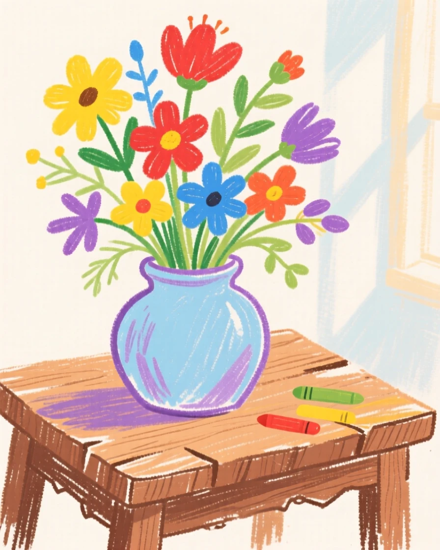 A vase of wildflowers resting on a rustic wooden table.