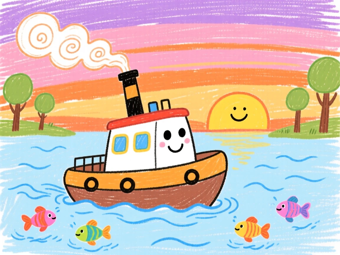 A small tugboat gliding over a quiet lake at sunset.