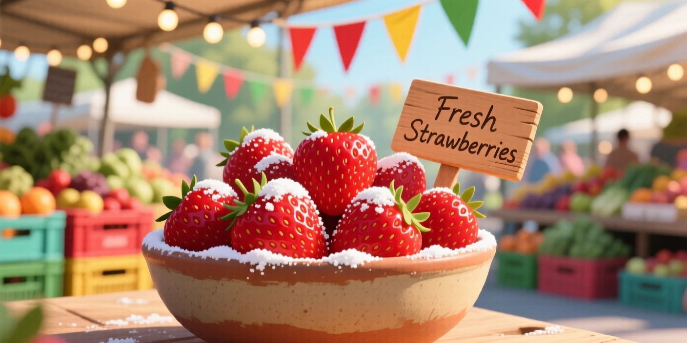 A bowl of fresh strawberries dusted with powdered sugar, set within a bustling outdoor market stall, captured with a close, mouthwatering focus, with a joyful, celebratory feel.