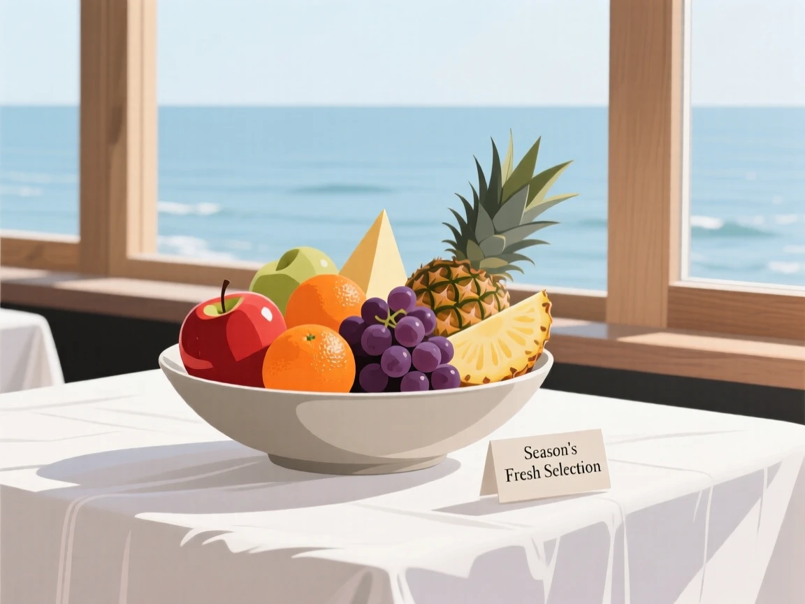 A bowl of seasonal fruit beautifully displayed on a linen tablecloth at a seaside restaurant.