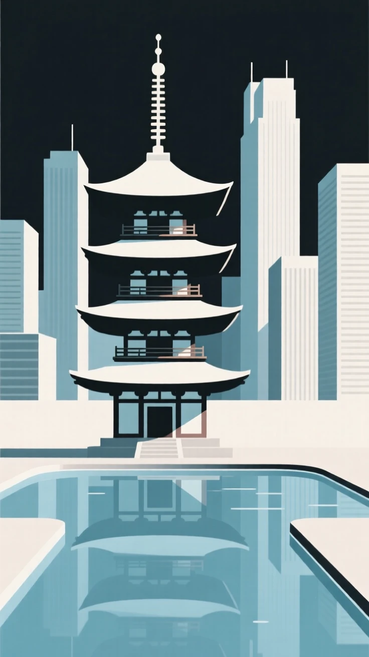A Japanese pagoda, striking and prominent, stands in a modern city skyline, surrounded by reflecting pools, expressing peaceful order.
