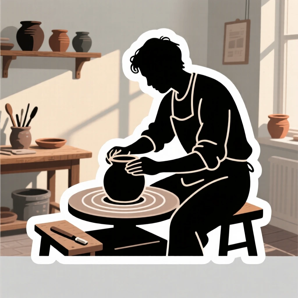 A peacefully immersed potter shaping clay on a spinning wheel, fully immersed in the creative process, at a cozy neighborhood workshop.