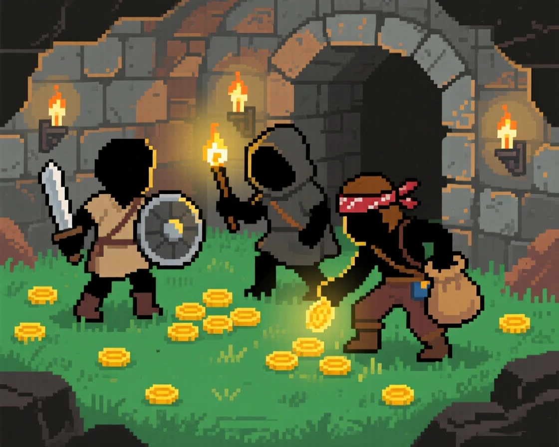 A small band of treasure hunters collecting glowing coins in a grassy field, within a sprawling underground dungeon.