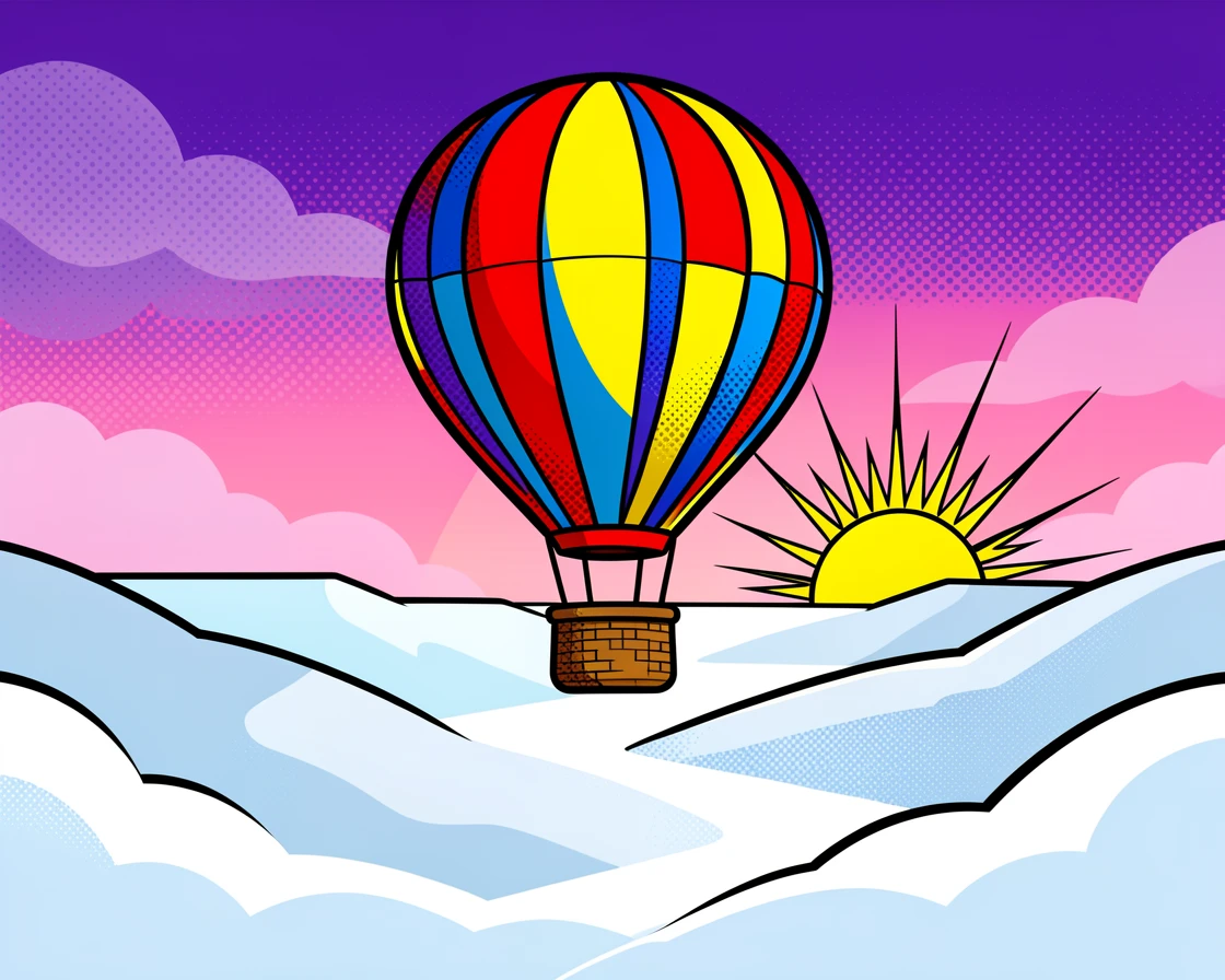 A hot air balloon drifting silently over a fog-filled valley at dawn