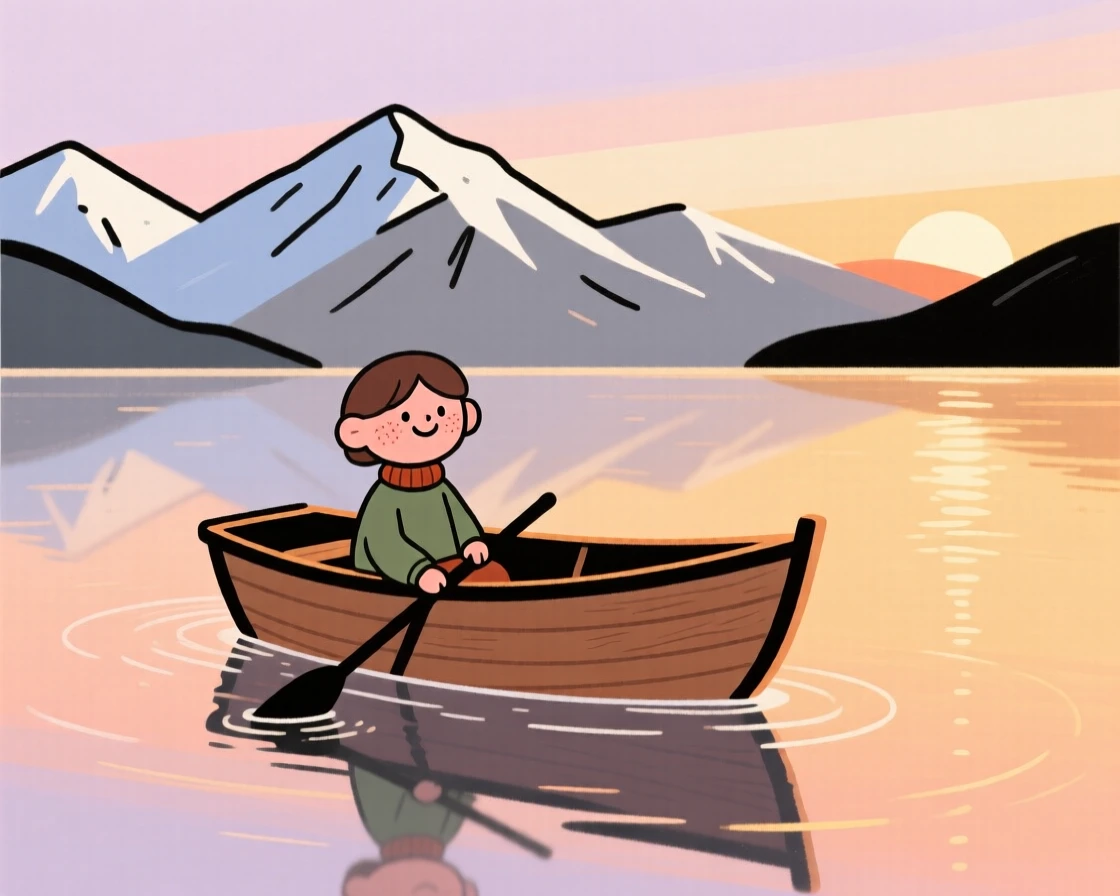A lone small wooden rowboat drifts across a glassy alpine lake as the golden glow of sunset stretches across the surface and snow-capped peaks rise in the distance.