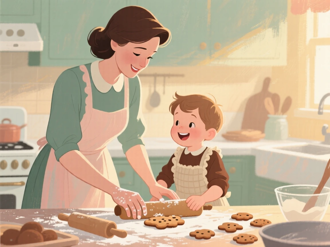 A mother and child baking cookies together for the holidays
