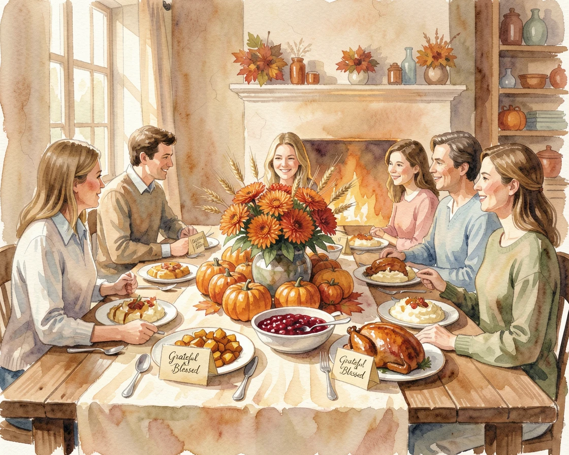 A table set for Thanksgiving dinner with family gathered around.