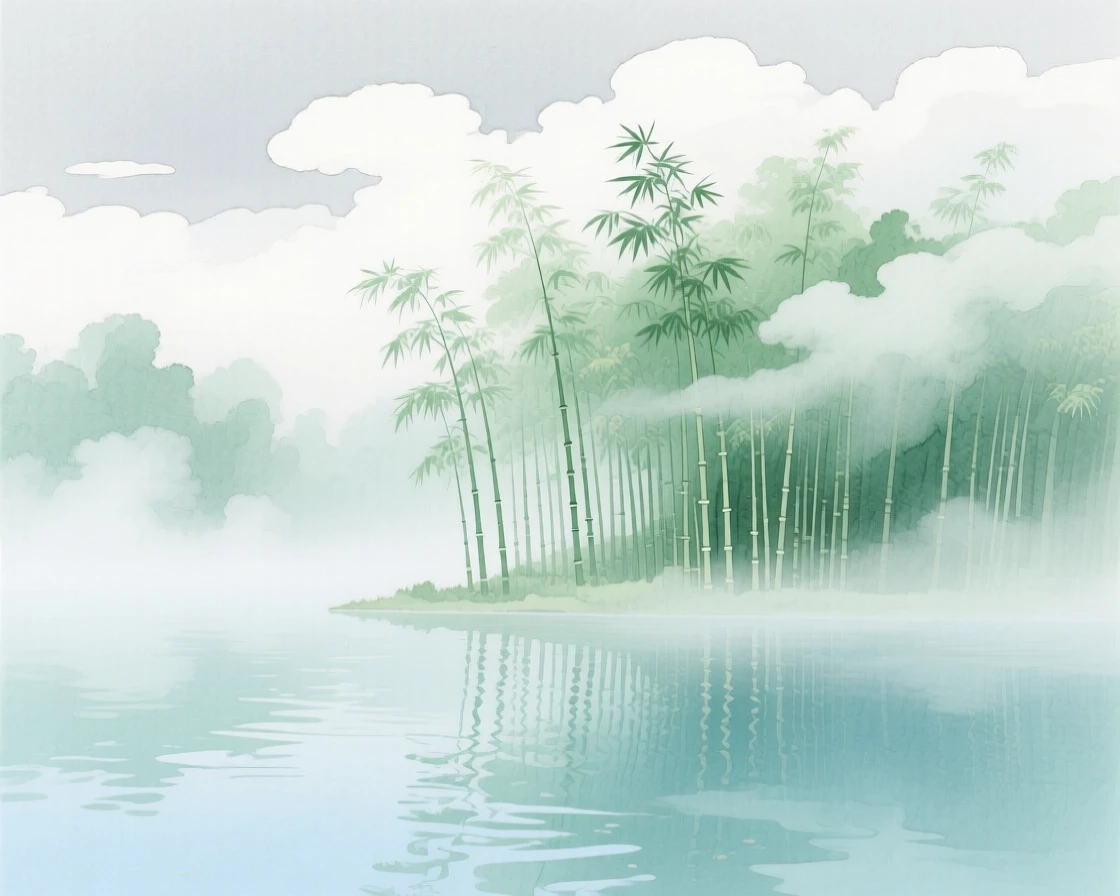 A breathtaking view of a misty bamboo grove beneath drifting clouds, with reflections shimmering across still water