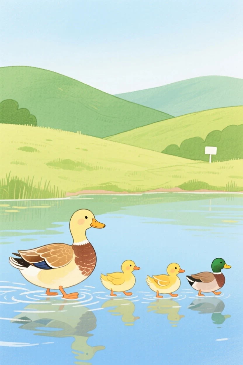 A close-up portrait of a family of ducks crossing a pond in a rolling green hillside.