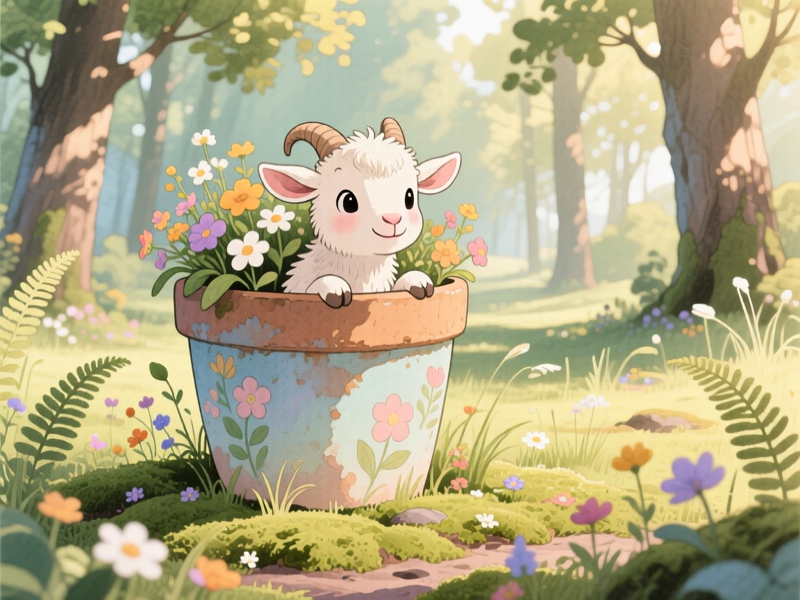 A baby goat peeking out from behind a flower pot, set in a quiet forest clearing dappled with sunlight, evoking warmth and gentle affection.
