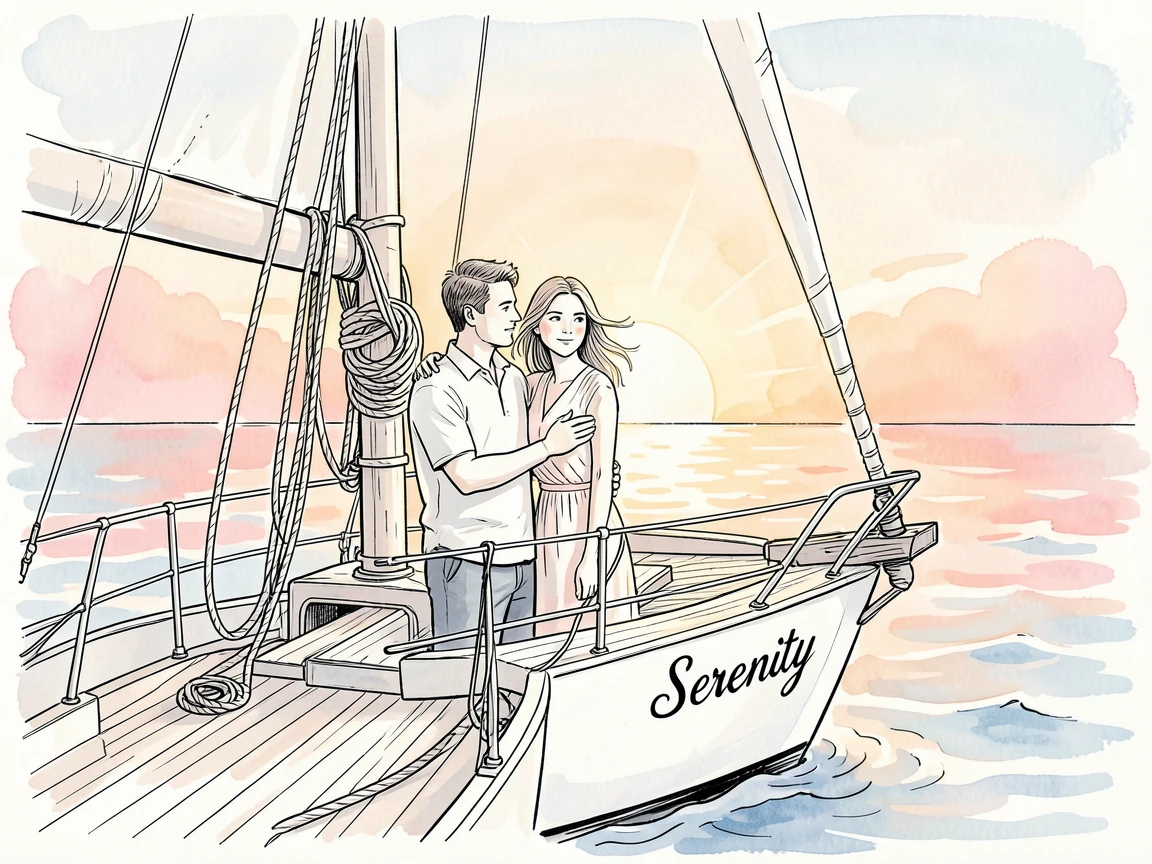 A couple watching the sunrise from the deck of a small sailboat, gentle expressions capturing a fleeting, genuine moment.