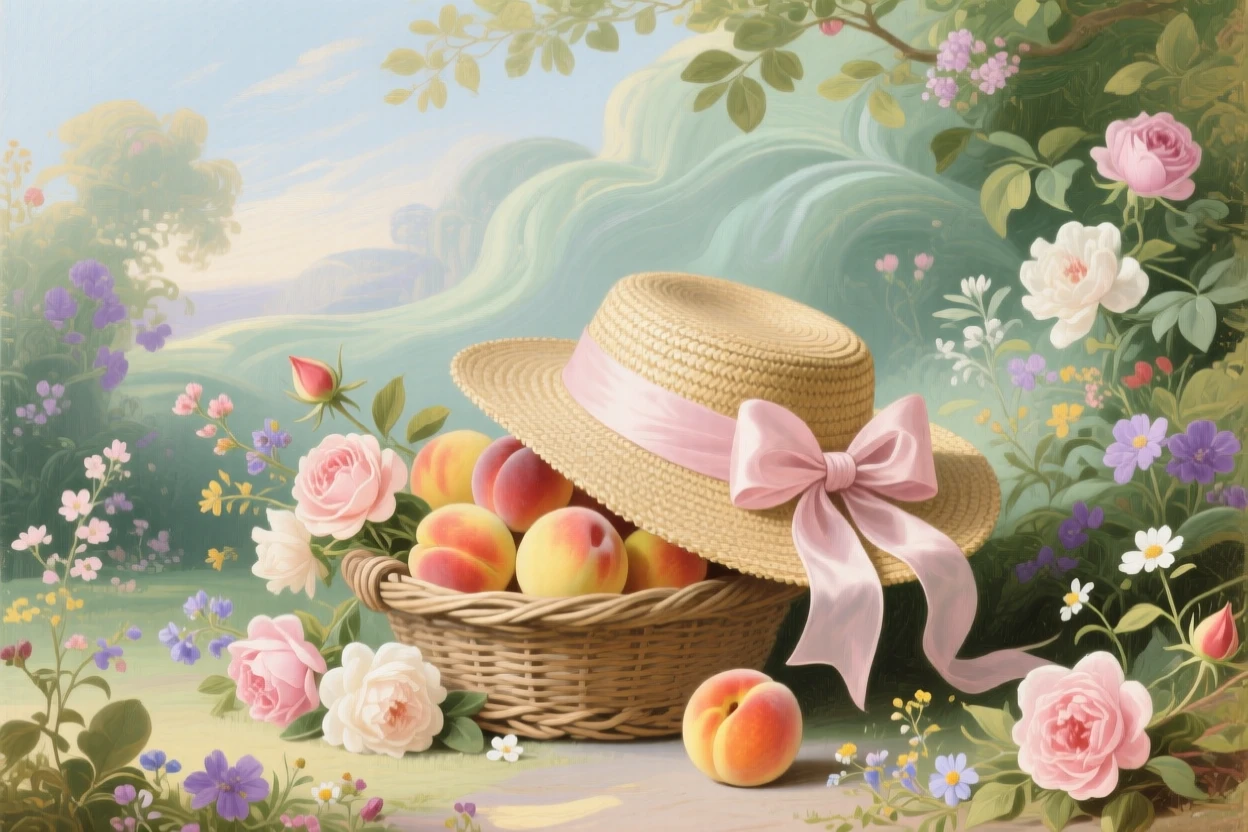 A garden hat with a ribbon bow resting beside a basket of peaches  