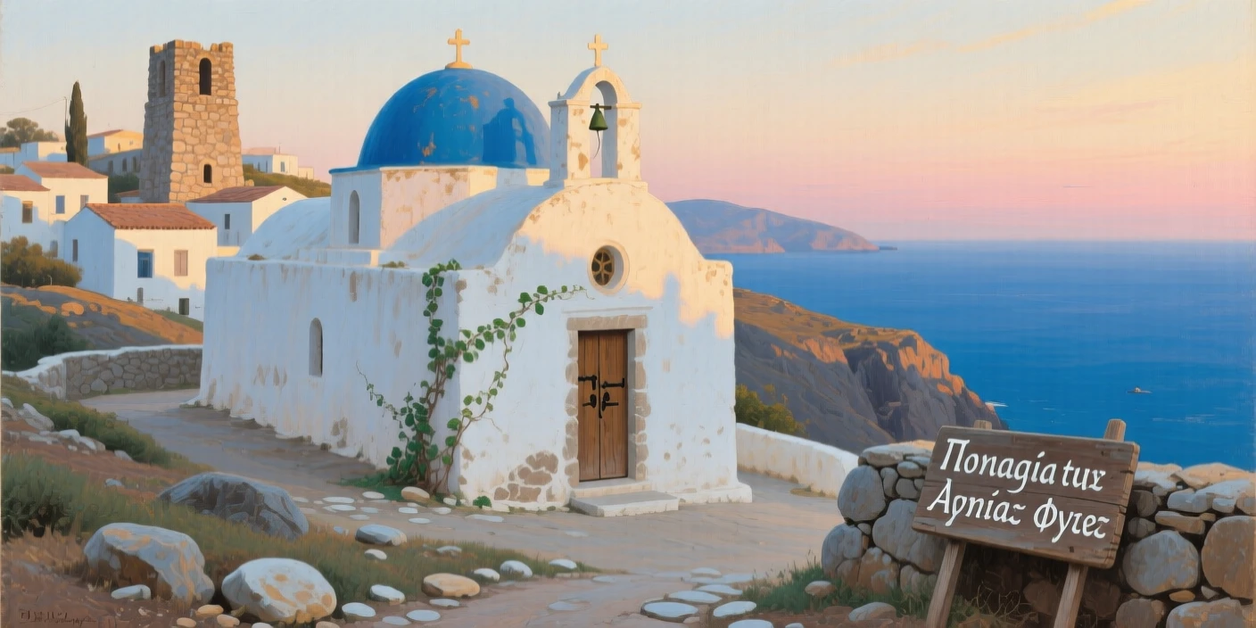 A quiet Greek island chapel with a blue dome overlooking the Aegean Sea, as the last light of day catches the tops of towers and rooftops, evoking a strong sense of place, history, and atmosphere