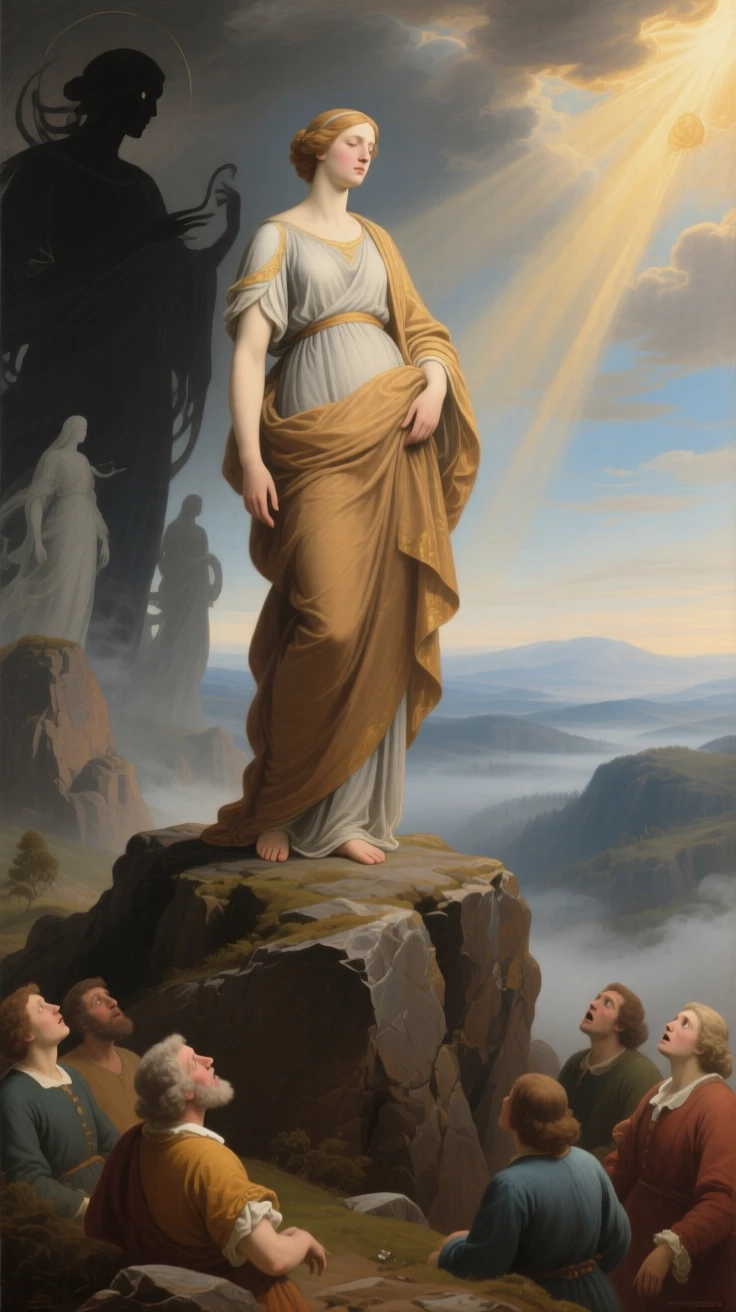 Truth unveiled before a gathering of startled onlookers as unseen forces of fate quietly converge, set atop a rocky promontory overlooking a vast unknown, with contrasting elements of darkness and radiance framing the scene; the composition balances opposing symbolic elements on either side of the central figure, radiating timeless wisdom and moral clarity.