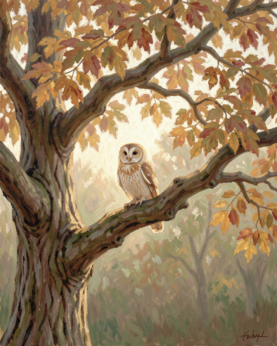 An owl perched silently on an ancient oak branch beneath a canopy of autumn leaves, capturing a moment of quiet intimacy.