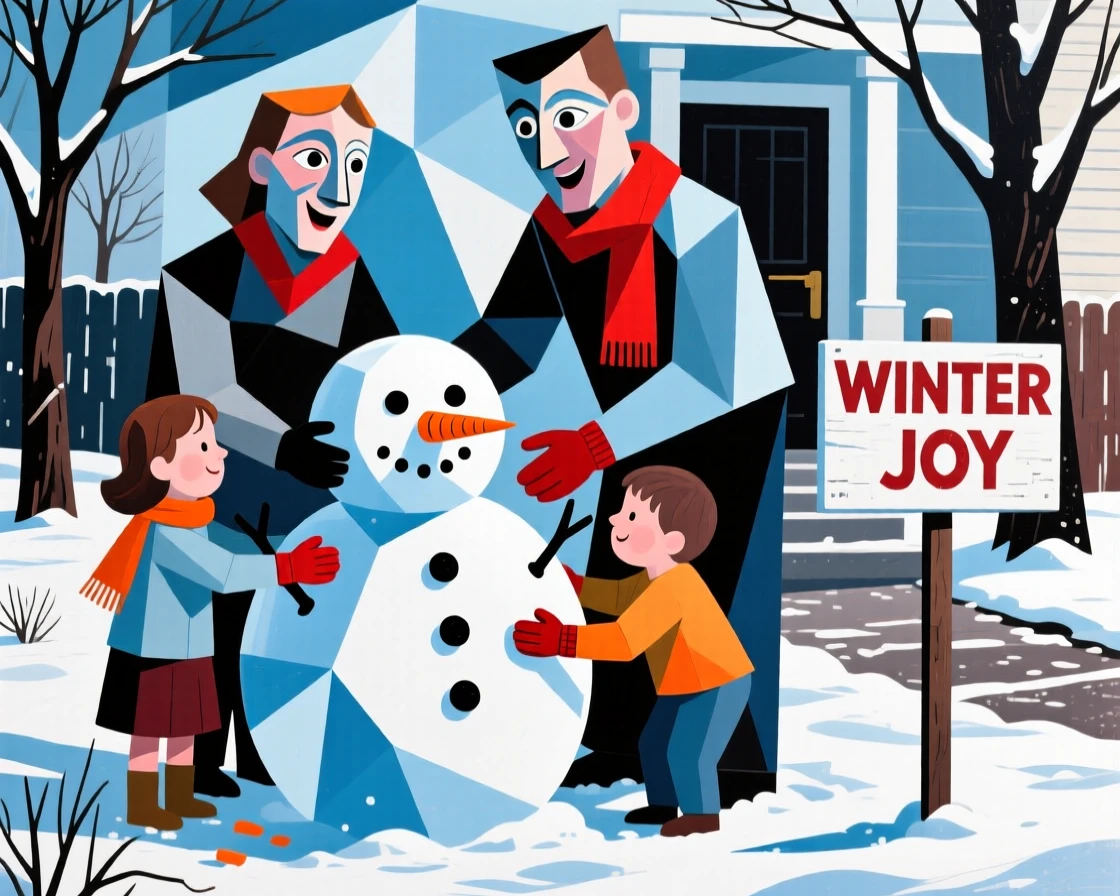 A family building a snowman together in their front yard on a crisp winter morning.