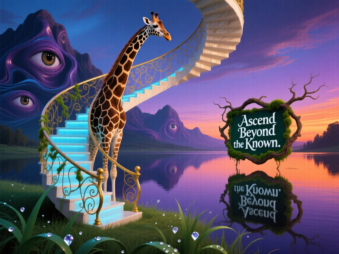 A giraffe whose neck stretches into a spiral staircase wanders along the edge of a mirror-smooth lake, as the surrounding grass bends toward it in reverence.
