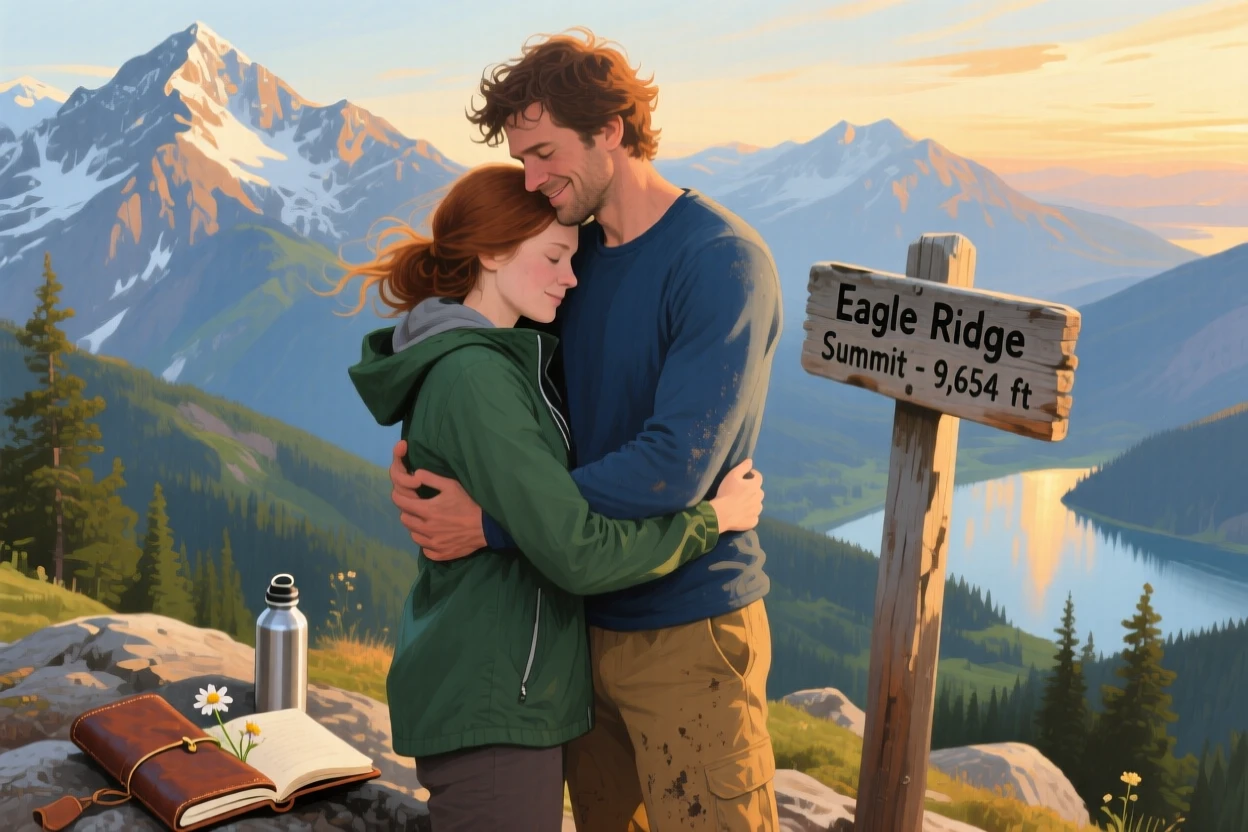 A couple embraces at the summit of a mountain they just climbed together, arms wrapped tight as they take in the view, a quiet warmth radiating from the interaction, grounded in small authentic details.
