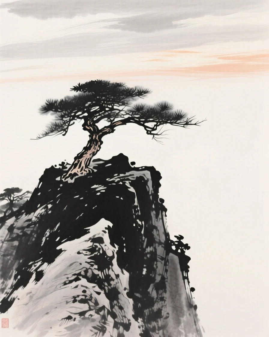 A solitary pine stands atop a wind-scoured summit, beneath a sky brushed with the last light of day.