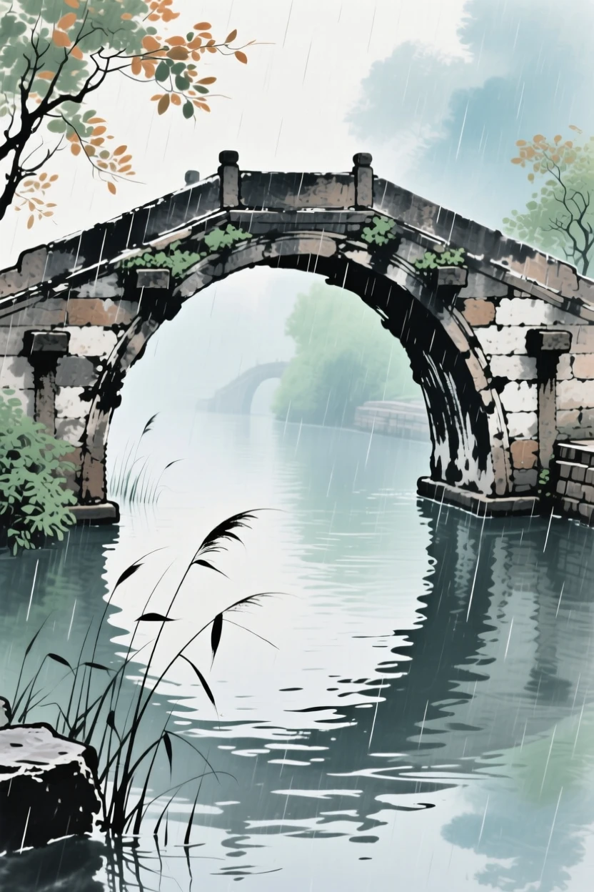 An ancient stone bridge arching gracefully over a quiet canal, as summer rain begins to fall, imbued with timeless calm.