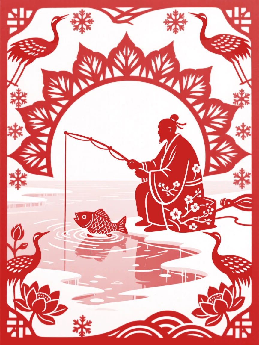 A winter fishing scene on a frozen lake, a lone figure sitting beside a hole cut through the ice