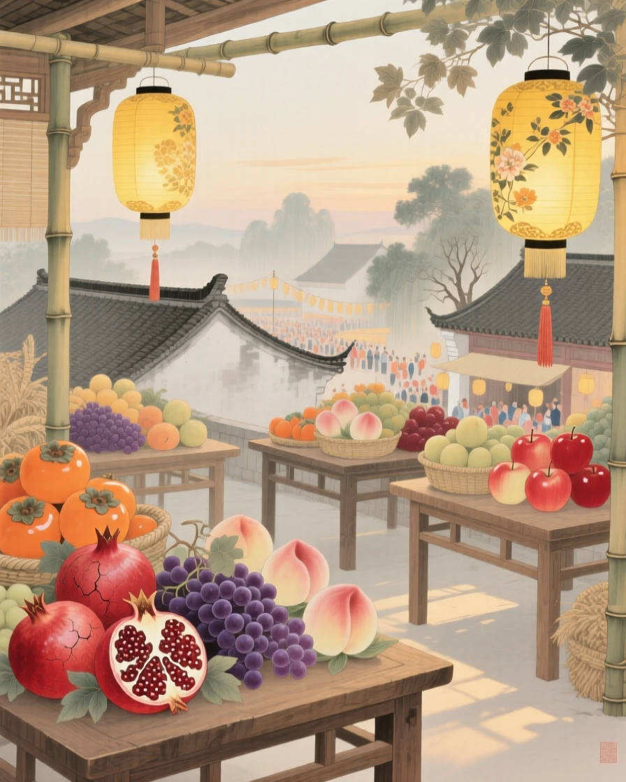 A harvest festival with tables piled high with fruit and golden lanterns, viewed from a quiet rooftop above the celebration