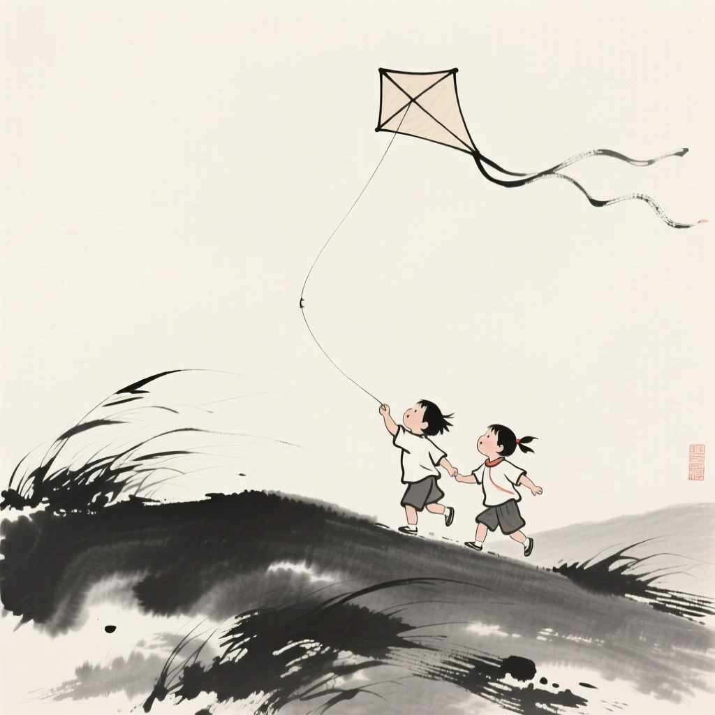 Children flying a simple kite on a windy hillside, composed with soft light falling across the scene, suggesting harmony between people and their surroundings.
