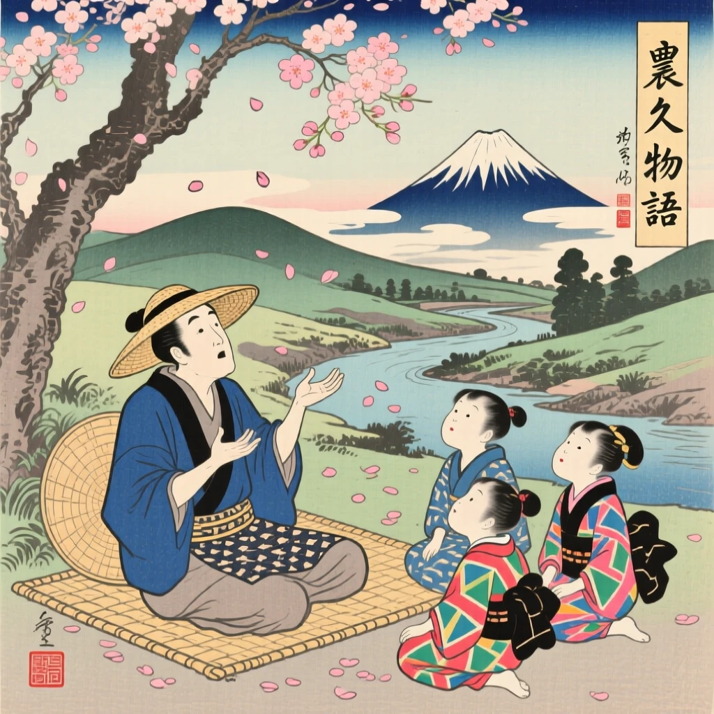 A resting farmer captivating children with an animated tale.