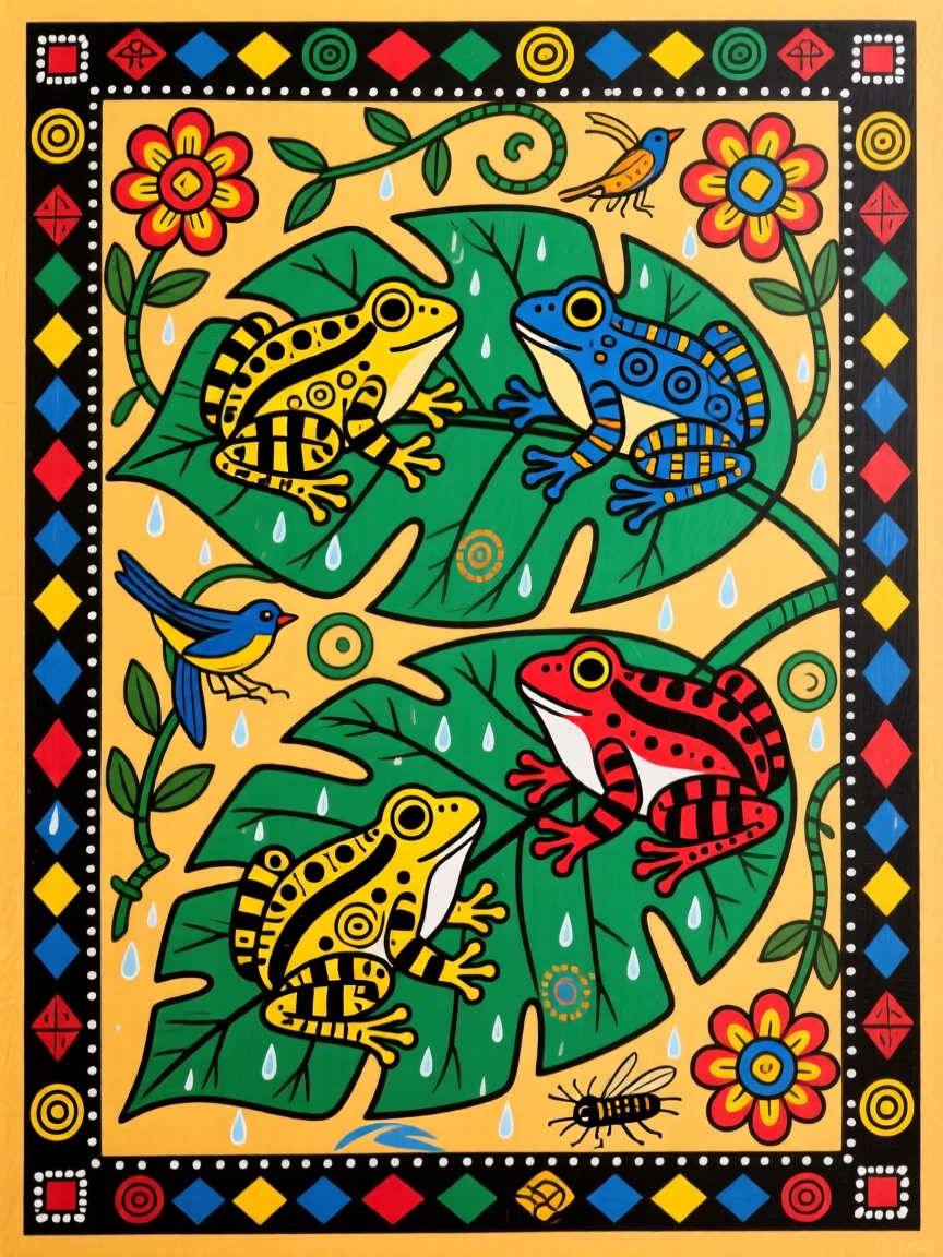 Colorful frogs resting on broad rainforest leaves after rain.