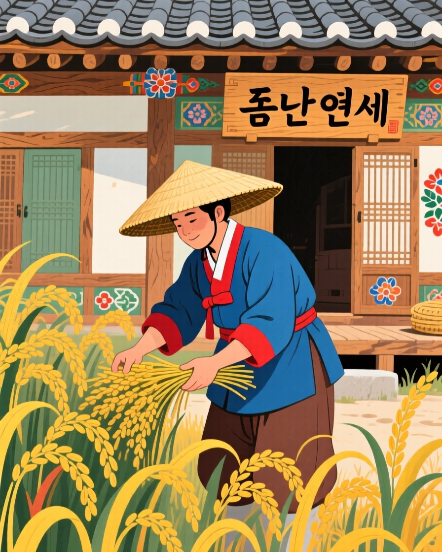 A farmer harvesting rice under a wide straw hat in front of a traditional wooden house.