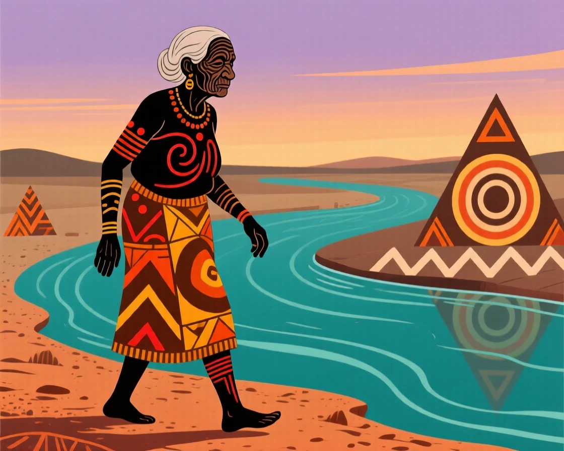 A wrinkled grandmother walking along a riverbank at dusk.