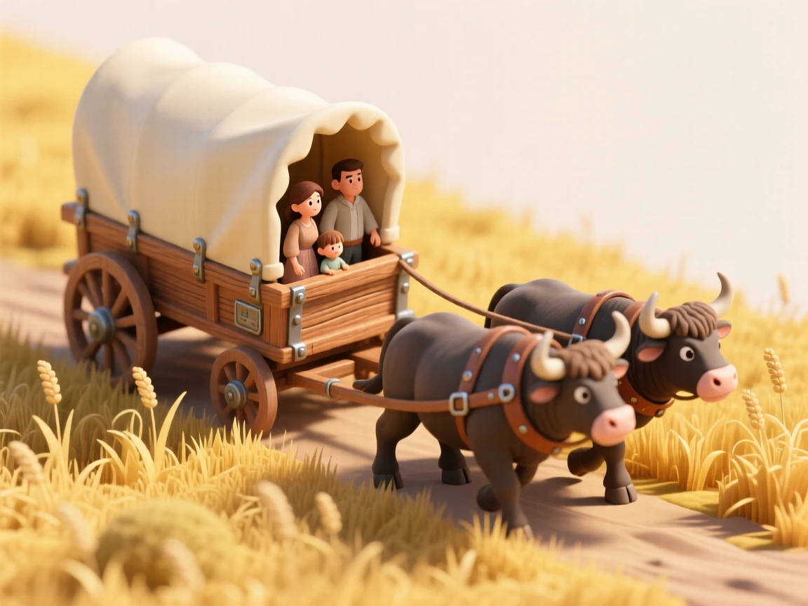 A wooden covered wagon crossing a golden prairie, oxen pulling steadily, and a family peering out from beneath the canvas cover.