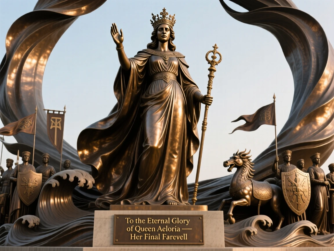 A legendary queen's final farewell to her kingdom, framed by sweeping, monumental scale, evoking legend and timeless drama