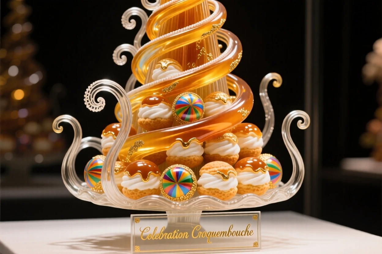 A delicate croquembouche tower glistening with caramel, celebratory and elegant.