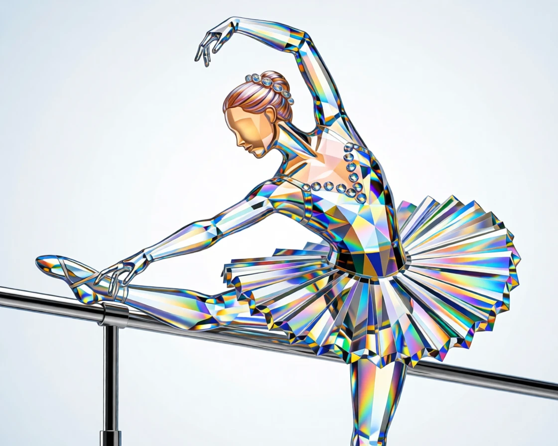 A young dancer stretching gracefully at a ballet barre, soft studio light.