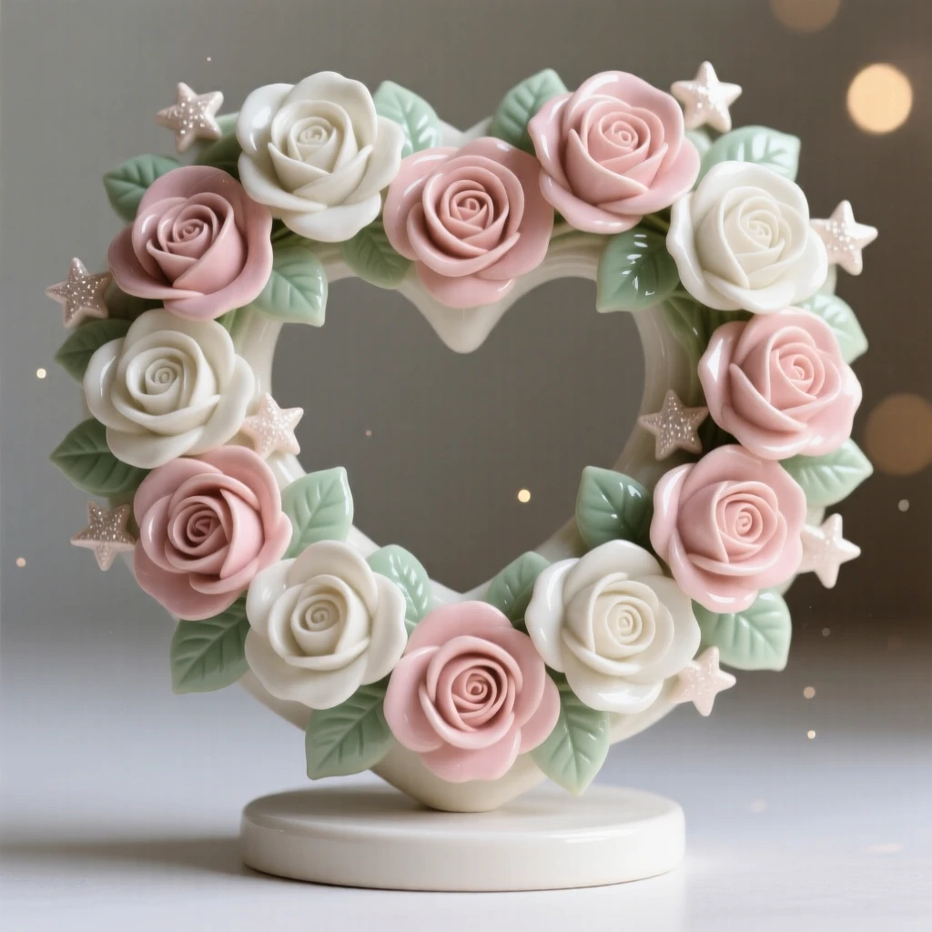 A heart-shaped wreath of roses for a loved one arranged as a festive centerpiece, glowing softly under a starlit sky, evoking festive joy and warm togetherness.