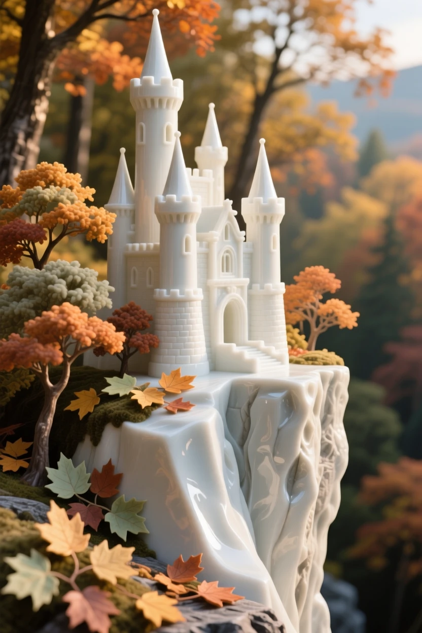 A cliffside castle surrounded by autumn forest, its towers catching the last light of day.
