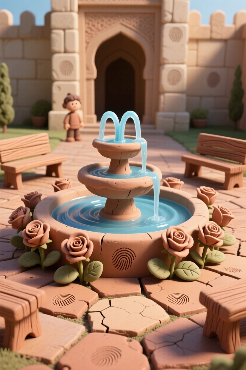 A grand palace courtyard with a central fountain and blooming roses