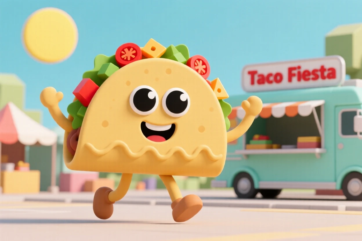 A happy taco character with a crunchy shell smile and colorful toppings dances at a sunny food truck festival.
